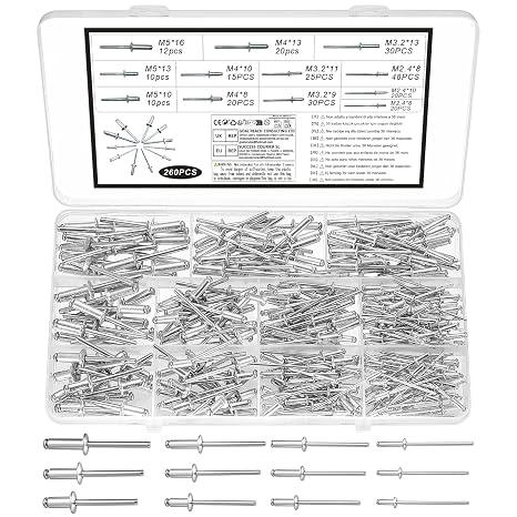 260 Pcs Pop Rivets Assortment Kit, Aluminum Blind Rivet Assortment, Pop Blind Rivets for Metal, Furniture, Car, Ships, Marine Construction(Silver, M2.4 M3.2 M4 M5)