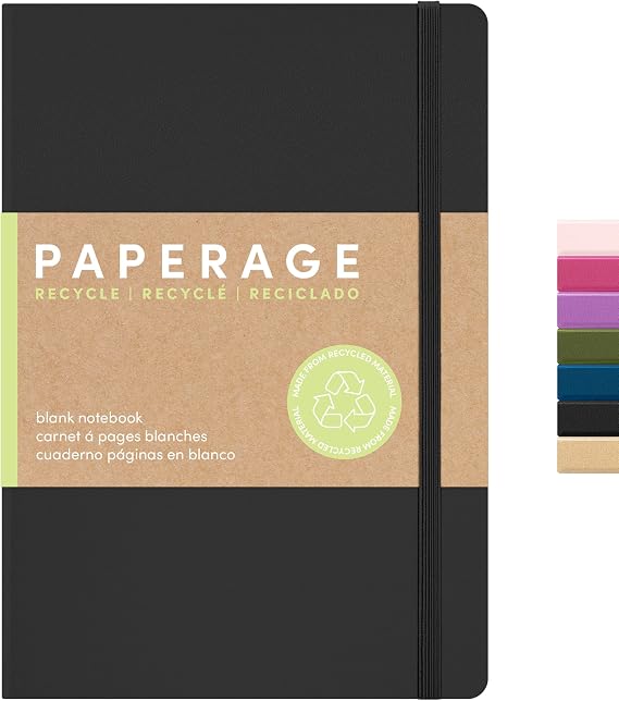 PAPERAGE Recycled Blank Journal Notebook, (Black), 160 Pages, Medium 5.6 in x 8 in - 100 GSM Thick Paper Hardcover Journaling Notebook for Work, School, Note Taking or Sketching