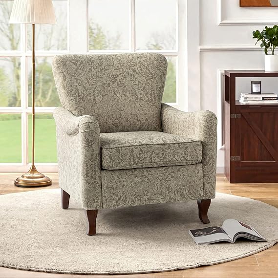 HULALA HOME Floral Accent Chair, Modern High Back Armchair with Wooden Legs, Comfy Wingback Chair Upholstered Accent Single Sofa Chair for Living Room & Bedroom, Beige