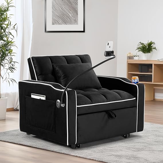 Convertible Sleeper Sofa Chair Bed, Adjustable 3-in-1 Single Armchair with Pull Out Bed, Folding Lounger Chair for Living Room Bedroom Small Space (Black)