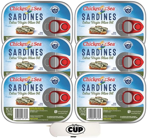 Chicken of the Sea Sardines, In Olive Oil, 3.75 oz (Pack of 6) with By The Cup Toothpicks