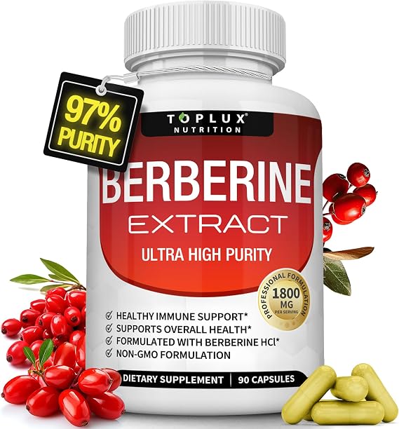 Toplux Berberine Supplement 1800mg - Berberine HCL 97% Tested Ultra High Purity Premium Berberine Extract to Support Overall Health, High Potency Berberine Plus Non-GMO Vegan Men Women, 90 Capsules