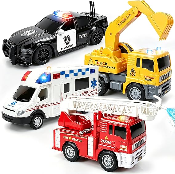 4‑in‑1 Ambulance & Fire Engine Truck Toy Set for Kids Boys