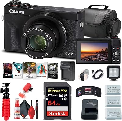 Canon PowerShot G7 X Mark III Digital Camera Black 3637C001  64GB Memory Card  2 x NB13L Battery  Corel Photo Software  Charger  Card Reader  LED Light  More Renewed