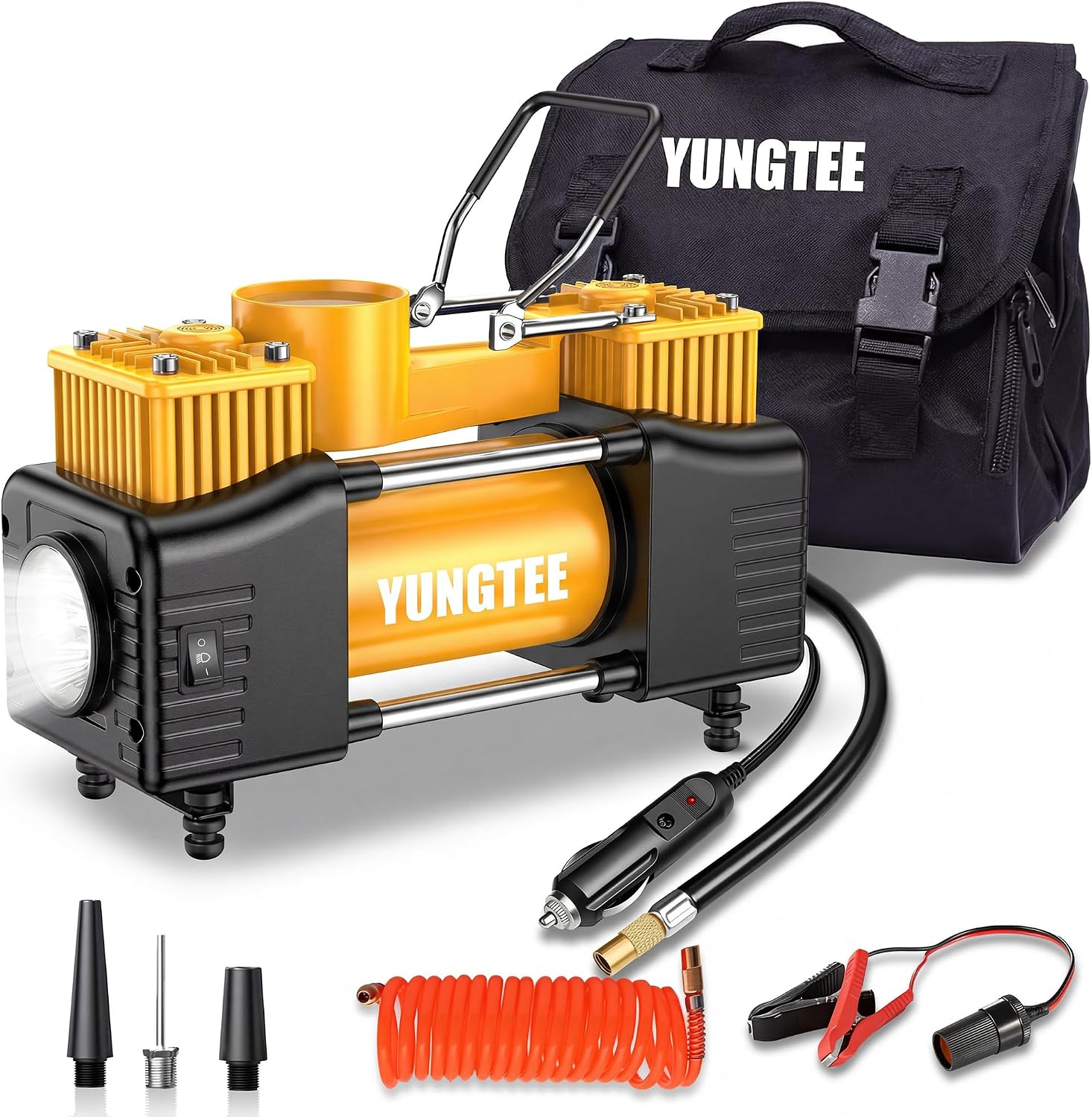 Yellow Tire Inflator Heavy Duty Double Cylinders Direct Drive Inflation Pump,12V Portable Air Compressor Pump with LED Light-Digital Pressure Gauge 150PSI Tire Pump,Apply to Car,SUV,Air Bed