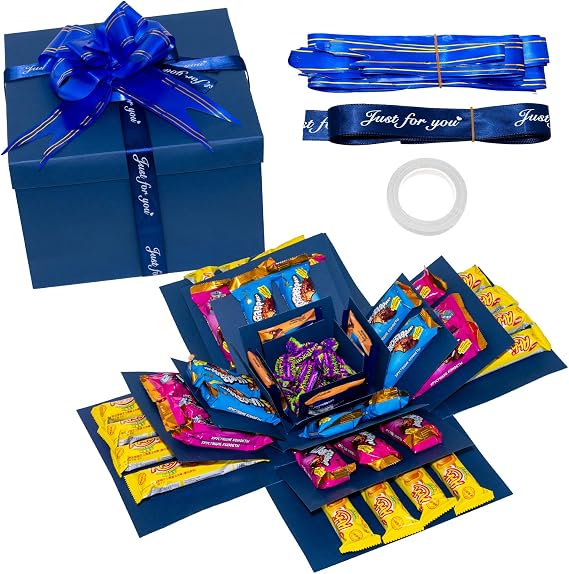 Explosion Gift Box,5 Layer Explosion Box,Surprise Box with Tape Bow Ribbon | Blue 23 x 23 x 16 cm Large Capacity Scrapbooking Boxes Creative Surprise Container‌ for Anniversary Festival Record Memories