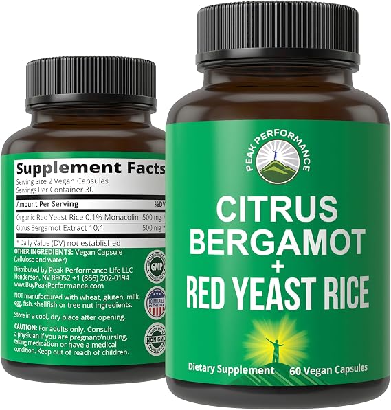 Peak Performance Citrus Bergamot + Red Yeast Rice. 2-in-1 Supplement | High Strength 10:1 Bergamot Extract. No Gluten, Zero Sugar, Vegan Capsules