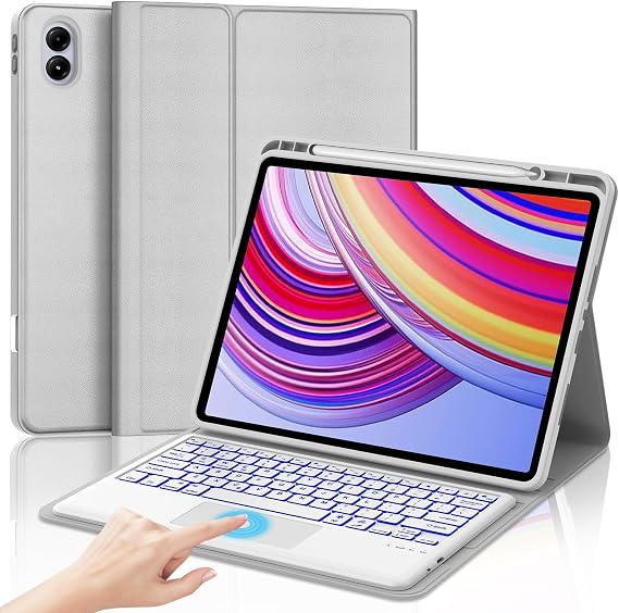 WINCHKING Touchpad Keyboard Case for Tablet Redmi Pad Pro 12.1 Inch 2024/Poco Pad 12.1 Released 2024,7-Color Backlit,Detachable Wireless Keyboard Protective Case with Pen Holder,Light Gray