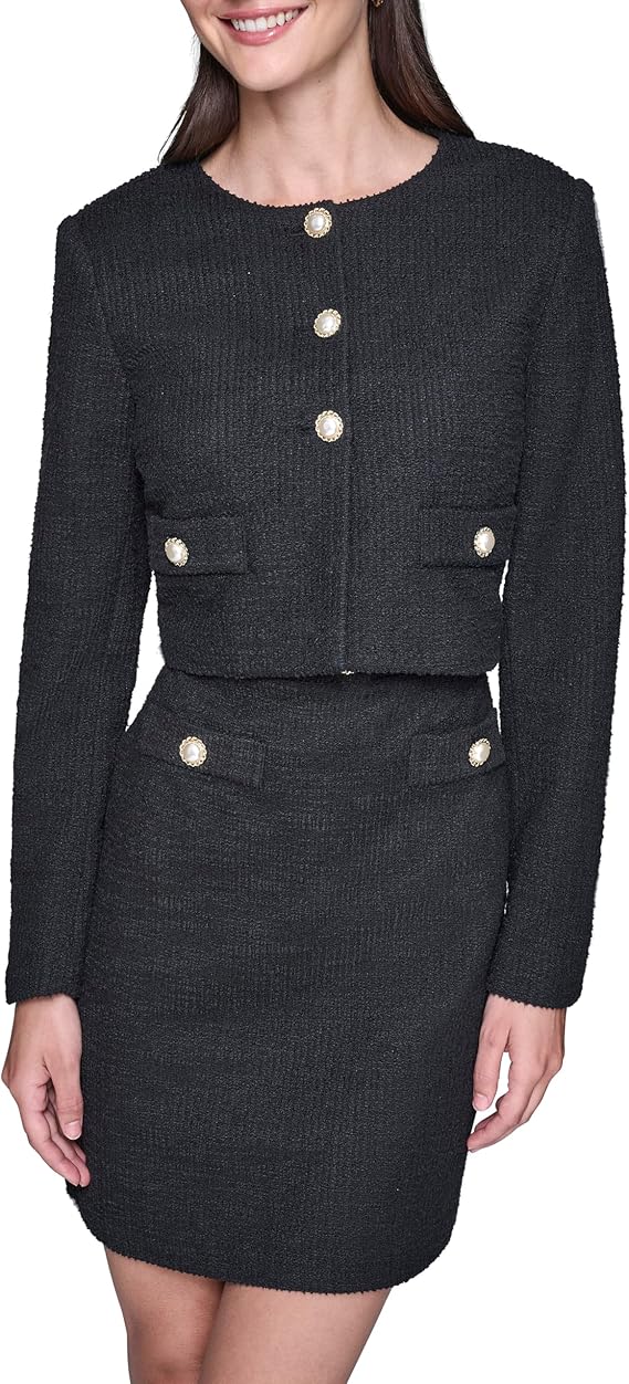 KARL LAGERFELD Women's Tweed Printed Scoop Neck Cropped Jacket