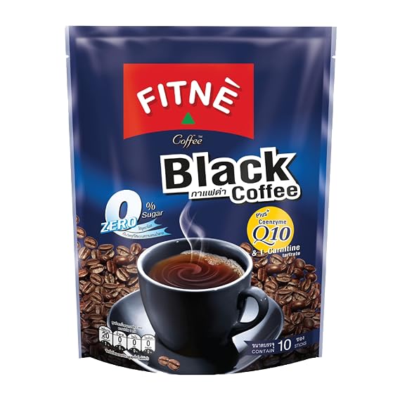 FITNE Instant Black Coffee Packets With Coenzyme Q10 L Carnitine High Antioxidant Low Calories Vegan Non Dairy No Sugar Sucralose Sweetener, 10 Sachets