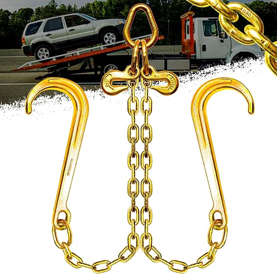 YATOINTO G80 J Hook Tow Chain, Towing V Bridle with 15" J-Hooks & 5/16" Grab Hooks, 2ft Legs, Adjustable Transport Chain for Flatbed/Wrecker/Rollback, WLL 4,900 lbs per Leg