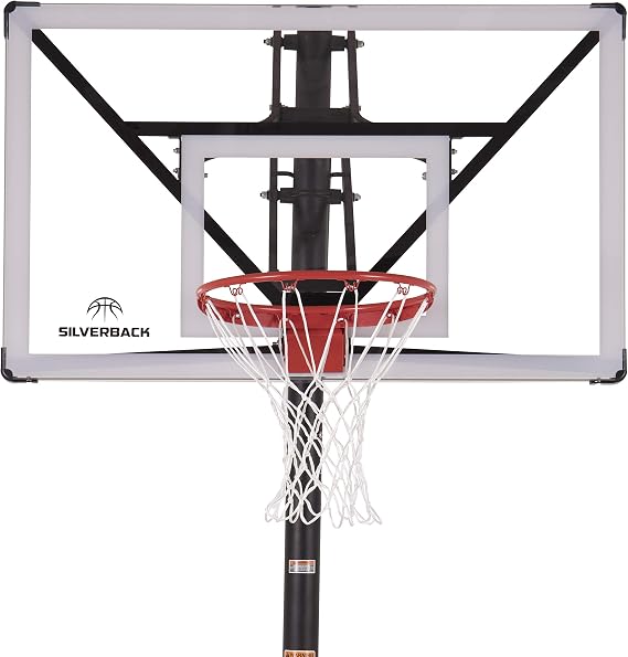 Silverback Height Adjustable In-Ground Basketball Hoop with Tempered Glass Backboard, Pro-Style Breakaway Rim, Pole and Backboard Pad