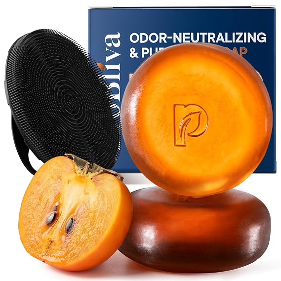 ProBliva Persimmon Soap & Scrubber for Aging Odor Set: Purifying & Odor-Neutralizing Body Wash for Old People Smell with Tea Tree Oil & Green Tea - Deodorizing & Eliminator Bar for Adults & Seniors