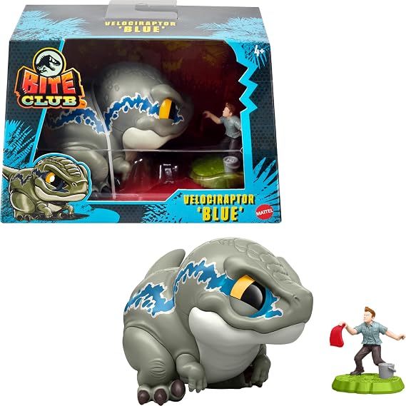 Mattel Jurassic World Bite Club Collectible Figure Velociraptor 'Blue' Chubby Dinosaur Stylized Approximately 4-Inch Figure with Accessories, HVB37