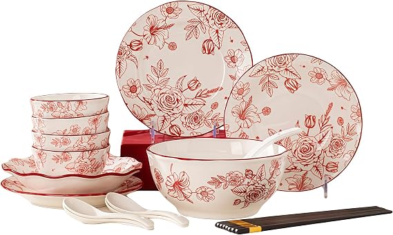 Top Porcelain China Dinnerware Set, Stoneware & Ceramic Dinnerware Sets, Ceramic Cookware Tableware Set Includes Dinner China Plates|Chinese Spoons|Pasta Bowls (18PCS * 4-Person Set)