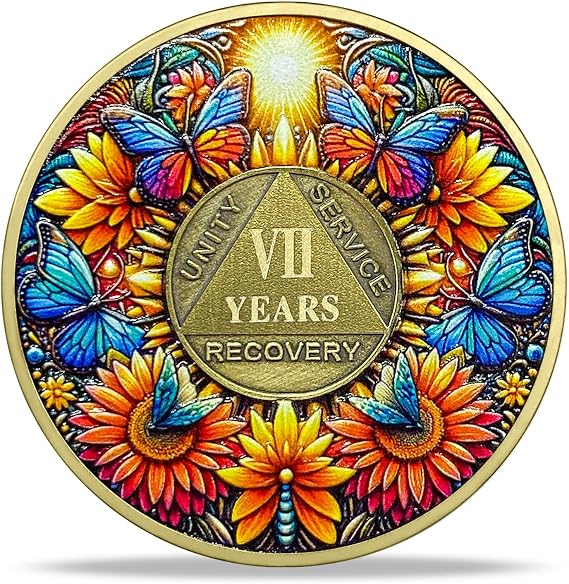 7 Year Sobriety Coin Gifts | Sunflower & Butterfly Design AA Chip Medallion with Coin Capsule | Sobriety Gifts for Anniversary Month & Year for Men & Women in Recovery