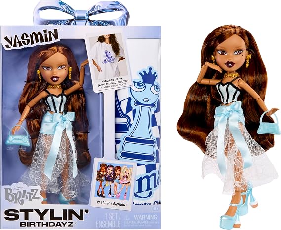 Bratz Stylin Birthdayz Yasmin Fashion Doll with Customizable T-Shirt for You and Accessories