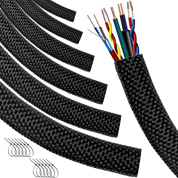 Automotive Wire Loom High Temperature Braided Wire Loom, Split-Sleeve Heat Resistant Wiring Loom Cord Cover for Harness Wires, Self-Wrapping Heavy Duty Sheathing Cable Management Black(16ft-3/4inch )