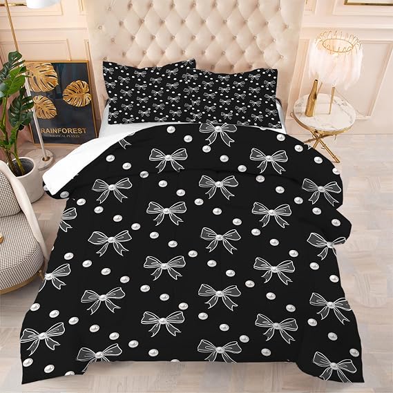 Twin Size Cute Bow Comforter Set, Kawaii Bowknot Bedding Set for Girls Kids Teens Adults, Black and White Quilt Duvet Pearl Print Bed Set, Princess Decor 1 Comforter & 1 Pillowcases