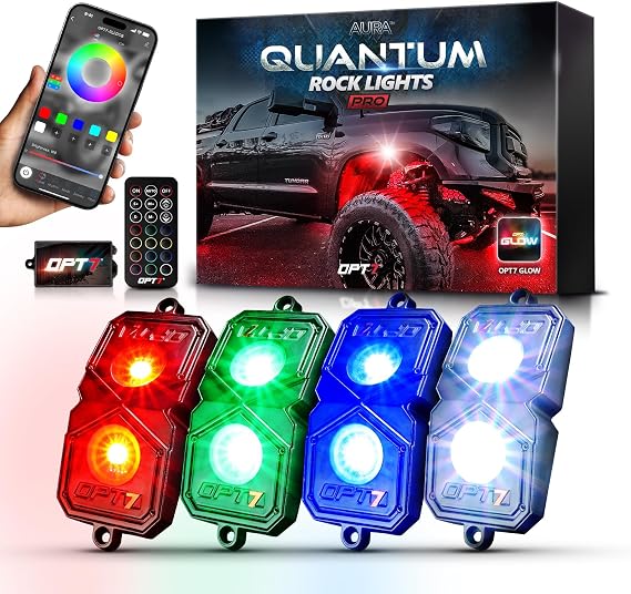 OPT7 Quantum Pro RGBW LED Rock Lights with Bluetooth APP, 4 Pods Wide Angle Multicolor Neon Underglow Lighting Kit, IP68 Waterproof for Offroad Jeep ATV UTV SUV - Truck Decorations