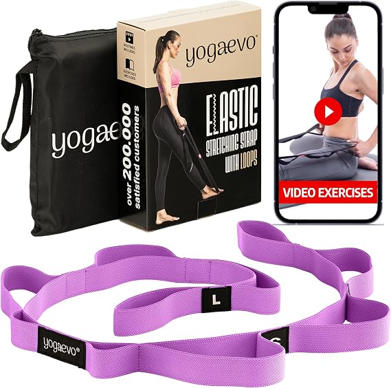 YOGA-EVO Elastic Stretching Strap with Loops for Physical Therapy - Stretch & Activate Muscles - Increase Mobility & Recovery - Soft Cotton & Spandex - Includes Carrying Pouch & Video Exercises