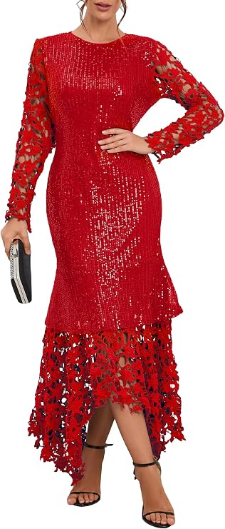 Sequins Floor-Length Hollow Asymmetrical Women's Maxi Dress Lace Dress Party Evening Dress