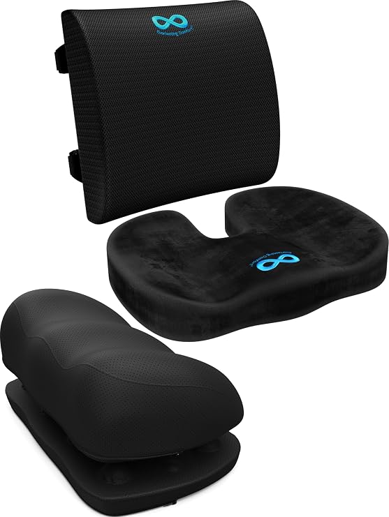Everlasting Comfort Seat and Back Cushion with Foot Rest Bundle Memory Foam Support for Tailbone, Sciatica, and Posture Relief in Office, Gaming, or Home Use