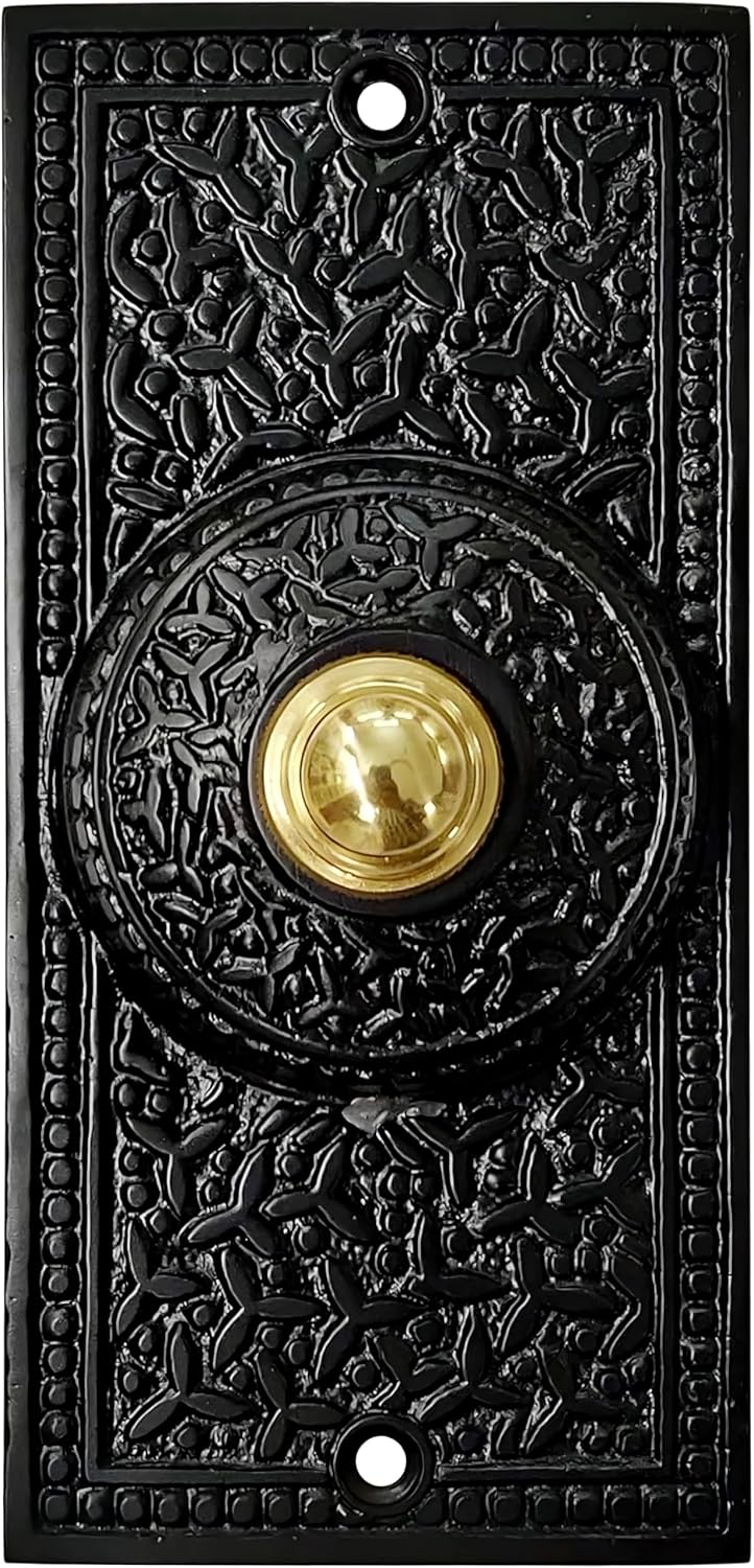 A29 Decorative Wired Doorbell Push Button in Cast Iron – 5 x 2 38 – Antique Black Powder-Coated Finish Doorbell in Surface Mount, Standard 2-Wire Hardwired Chimes Compatible, Easy DIY Installation