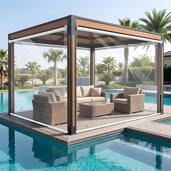 Waterproof PVC Roll up Shades for Outdoor Patio Porch Clear Vinyl Roller Blinds Transparent Window Shades Windproof Cordless Roll up Curtains Plastic Roller Shutter Easy Install