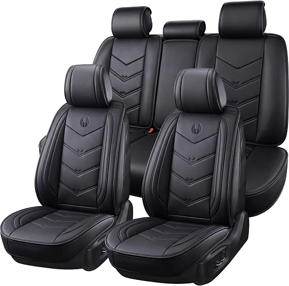 OASIS AUTO Seat Covers Full Set, Black Seat Covers for Cars 5 Seats, Car Seat Protector, Waterproof Faux Leather Car Seat Cushion, Front and Rear Car Seat Cover Fit for Most Cars (OS-003 Black)
