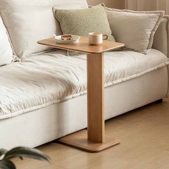 YESWOOD Solid Wood Side Table, C-Shaped Bedside Table, Narrow End Table for Living Room or Bedroom, Modern Sofa Table C Table (Ash, Natural Wood Tone)