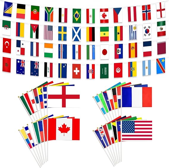 World Cup Bunting 2026 48 Countries Flags & 14 x 21cm Hand Held Flags Set with with 30cm Pole 15m International Flag Banner for Football Party Sports Events Classroom Street Decor