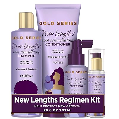 Pantene New Lengths Bundle with Root Stimulating Shampoo, Rejuvenating Conditioner, Scalp Revitalizing Treatment and Anti-Breakage Serum, made with Apricot Oil and Green Tea, for Natural and CurlyHair