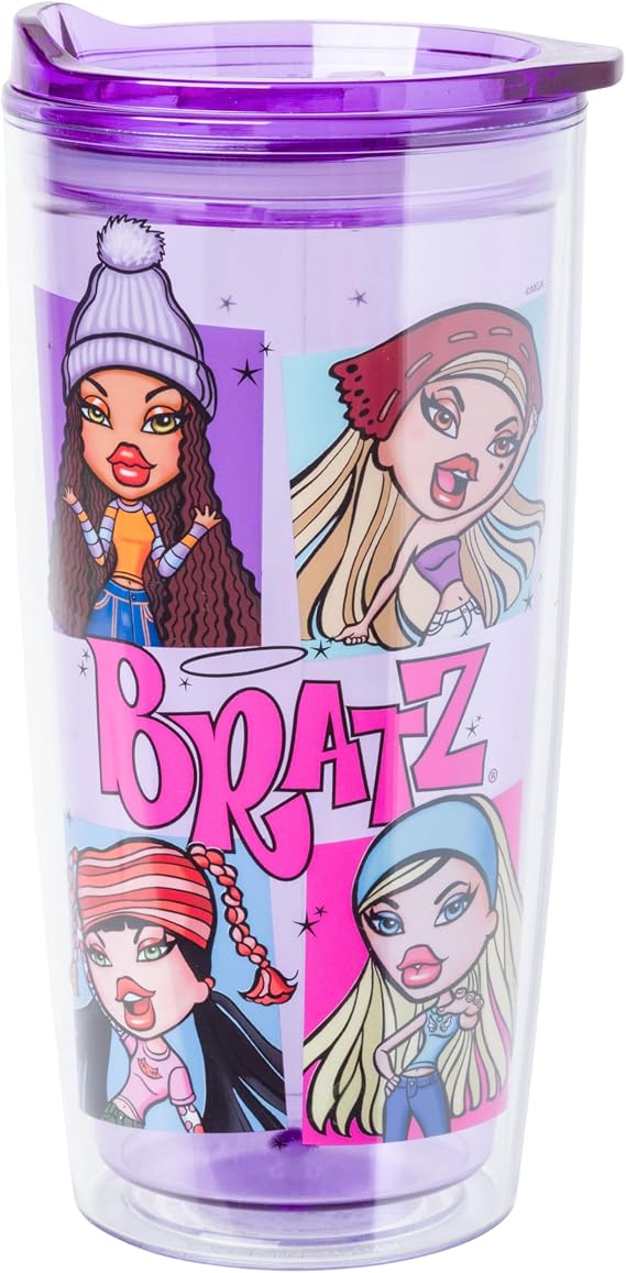 Silver Buffalo Bratz Cloe, Tumbler with Slide Close Lid, 20oz | Jade, Yasmin and Sasha, Double Wall Travel, 0.59 Liters