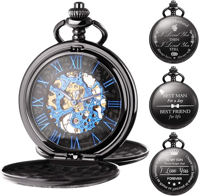 TREEWETO Mechanical Personalized Engraved Pocket Watch Skeleton Double Cover Roman Numerals Dial Personalized Gift with Box and Chain for Men Gift for Dad Son