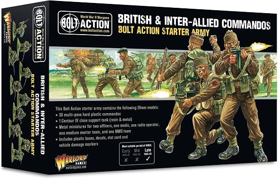 Warlord Bolt Action British & Inter-Allied Commandos Starter Army 1:56 Tabletop Miniatures - Plastic Paintable Miniature WWII Soldiers Set, Unpainted Table Top 28mm Military Minifigures for Adults