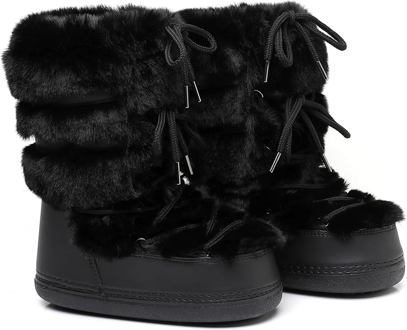 Snow Boots for Women,Winter Furry Faux Fur Boots Winter Black White Pink Fur Lined Lace-up Mid-Calf Non-Slip Fuzzy Boots