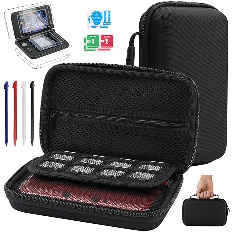 Jekarsy 3DS XL Accessories 4-in-1 Kit Carrying Case, Clear Shell Case, Tempered Glass & PET Screen Protectors, 4 Replacement Stylus Pens Compatible with Nintendo 3DS XL/LL Only