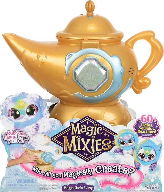 Magic Mixies Magic Genie Lamp with Interactive 8" Blue Plush Toy and 60+ Sounds & Reactions. Unlock a Magic Ring and Reveal a Blue Genie from the Real Misting Lamp. Gifts for Kids, Ages 5+