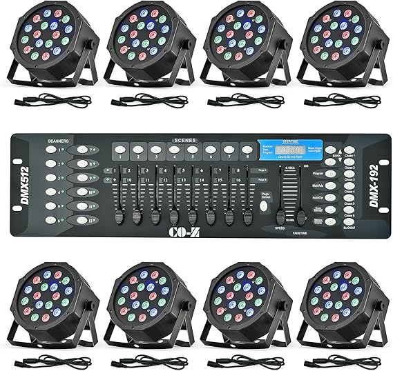 CO-Z LED Stage Lights DMX, 8 pcs 18x3W RGB Par Can Lights Package with DMX Controller Sound Activated Stage Effect Lighting for Party DJ Dance Church Wedding Home Uplighting