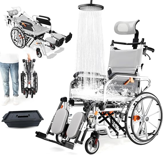 3in1 180 Reclining Transport Wheelchairs with 18.5in Wide seat, Lightweight Travel Transit WheelchairsWheelchair Foldable, Shower Bathroom Wheelchair, Portable Self-Propelled Wheelchairs