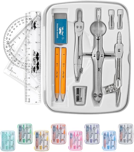 Mr. Pen- Geometry Set, 13 pcs, 3 Metal Compasses, Protractor, 6" Ruler | 45 & 30/60 Set Squares, Pencils, Lead Refills, Sharpener & Eraser for Math, Drafting & Classroom Use