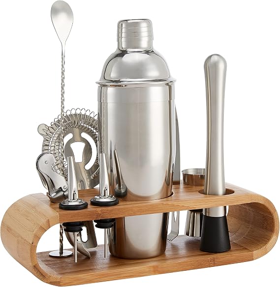 Amazon Basics 10-Piece Stainless Steel Cocktail Shaker Bar Tool Set with Bamboo Stand Holder, Home Bar Drink Mixing Accessories, Housewarming Gift