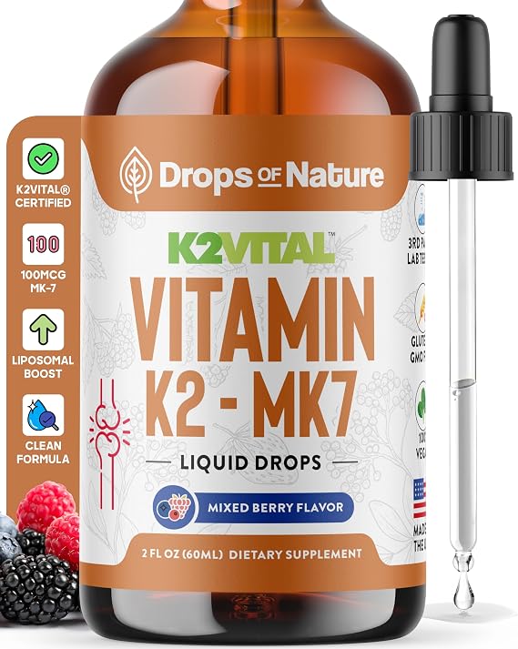Vitamin K2 MK7 Liquid Supplement Pure K2MK7 Menaquinone-7 (100 mcg) Vegan, Non-GMO & Fast-Absorbing Daily K2 Vitamin Supplement for Bone Strength & Cardiovascular Support (Mixed Berry, 60ml)