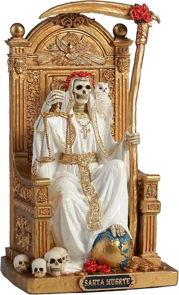 Veronese Design 6 3/8 Inch Santa Muerte On Throne with Scythe and Scale Polystone Hand Painted Collectible Home Decor Sculpture