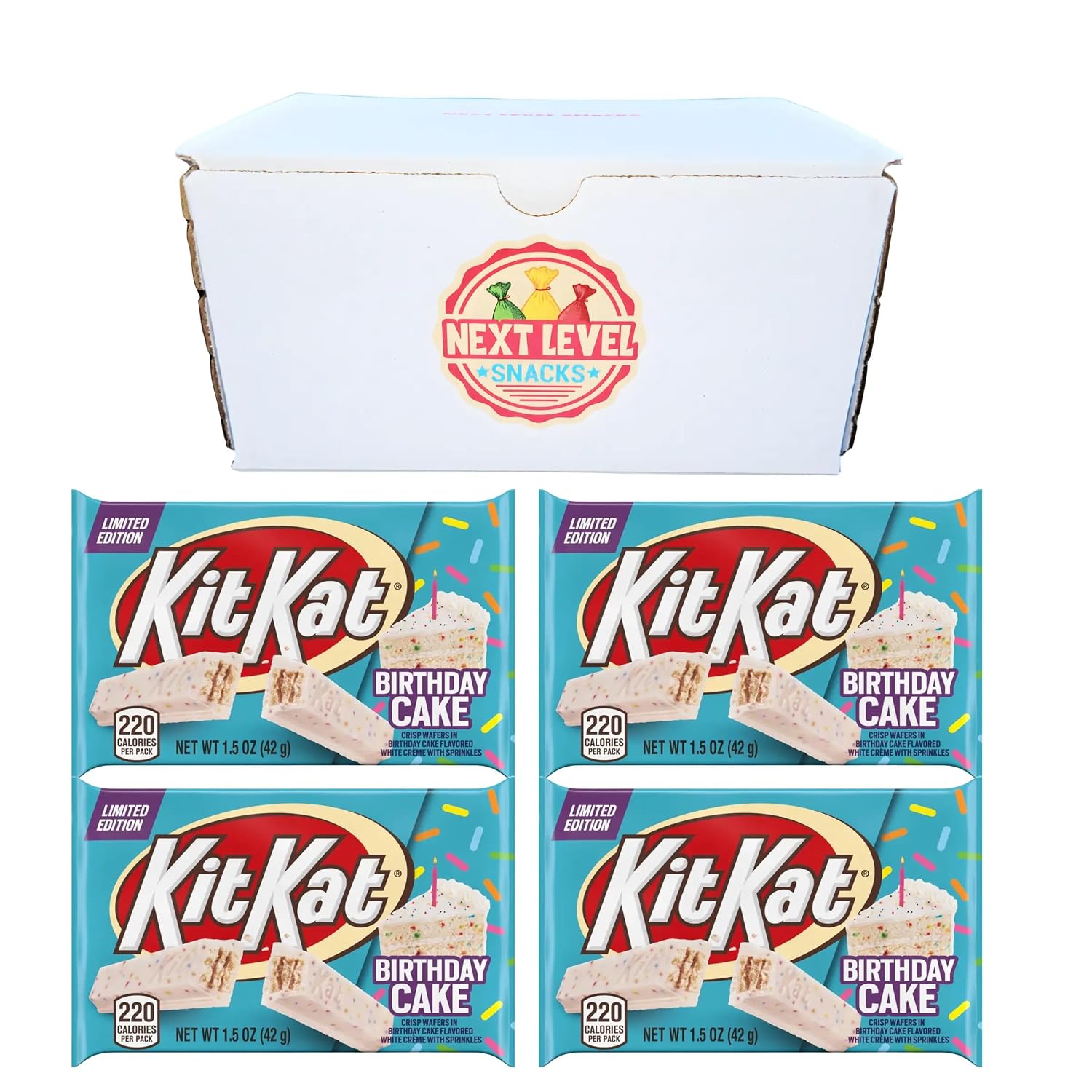 Kit Kat Birthday Cake - Limited Edition Birthday Cake Flavored Wafer - Next Level Snacks Box - Pack of 4-1.5oz Bars