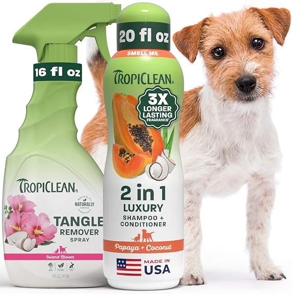 TropiClean Dog Shampoo and Conditioner & Dog Detangler Spray, Set of 2