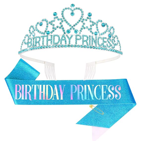 CIEHER Blue Princess Birthday Crown and Sash for Girls, Princess Birthday Party Decorations