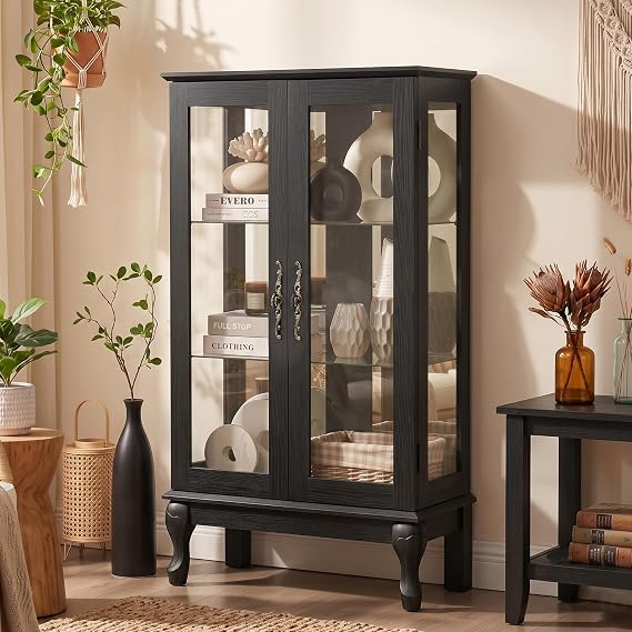 44" H Lighted Curio Cabinet with Tempered Glass Doors, Wooden Antique Showcase with Adjustable Shelves, Mirrored Panel, Small Wine bar for Living Room/Kitchen, Bulb Included (Black)