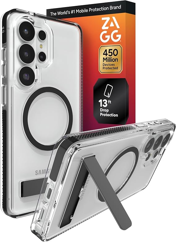 ZAGG Santa Cruz Snap Samsung Galaxy S26 Ultra Case with Kickstand - Black, Magnetic Crystal Clear Protective Phone Cover, 13ft Drop Protection, Graphene Reinforced, Slim Case with Stand